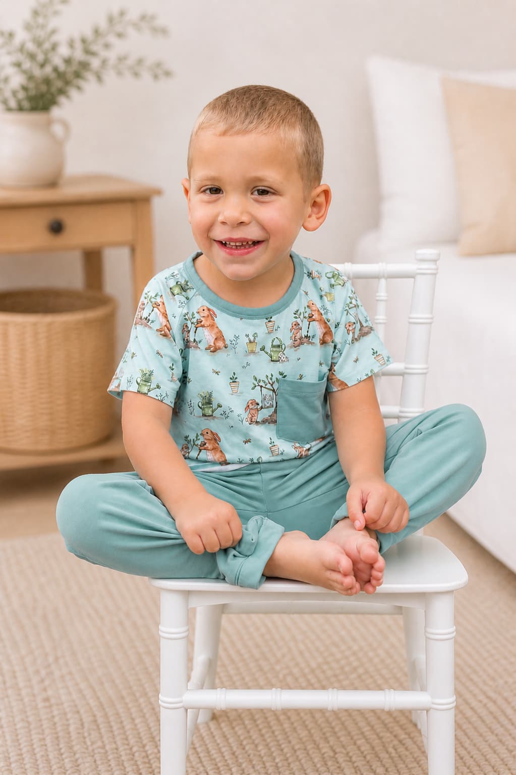 Child wearing a teal bamboo outfit with bunny print sitting on a white stool.